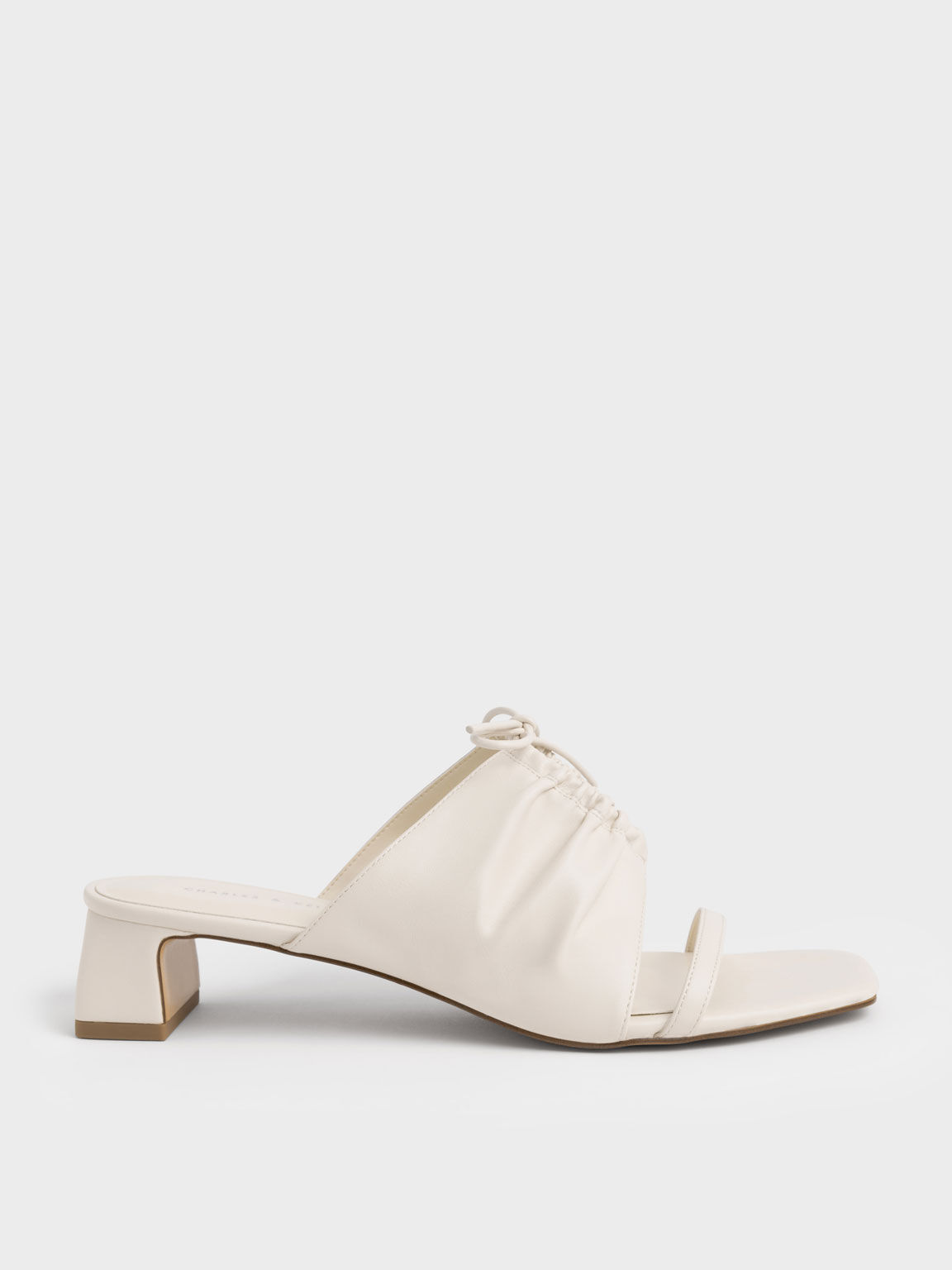 Bow-Tie Ruched Heeled Mules, Cream, hi-res