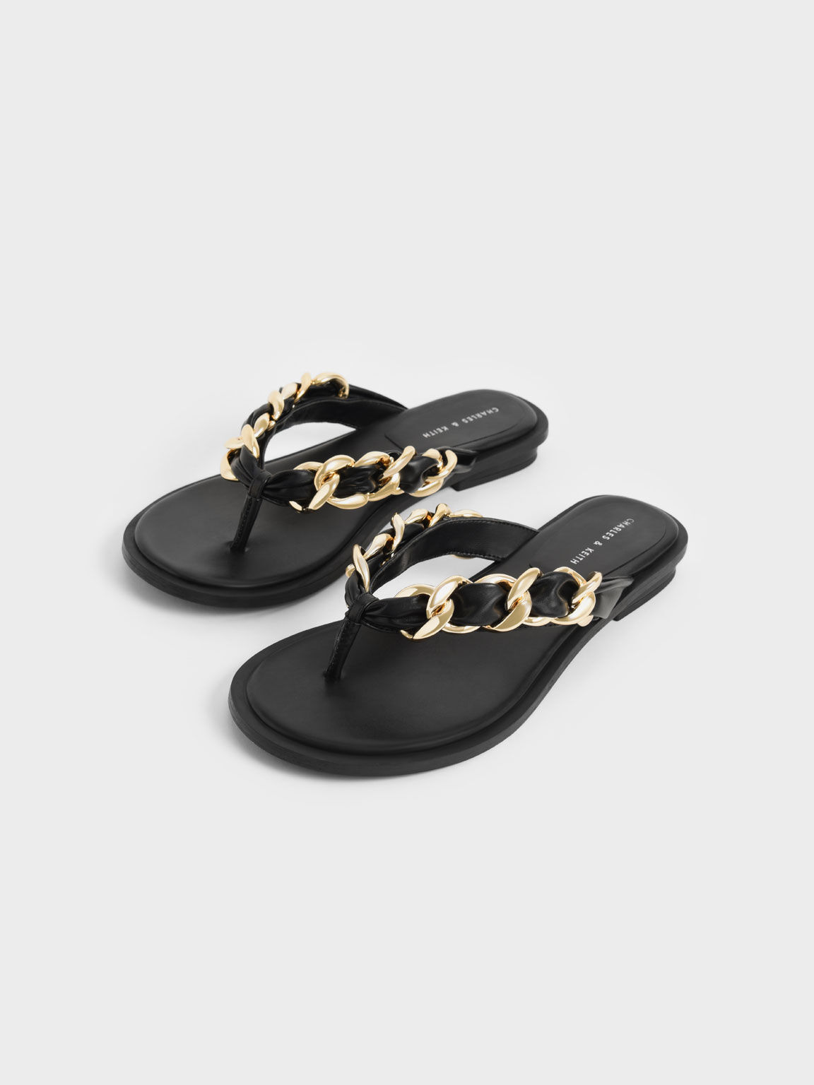 Braided Chain-Link Strap Thong Sandals, Black, hi-res