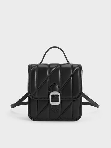 Lin Quilted Belted Backpack, Noir, hi-res
