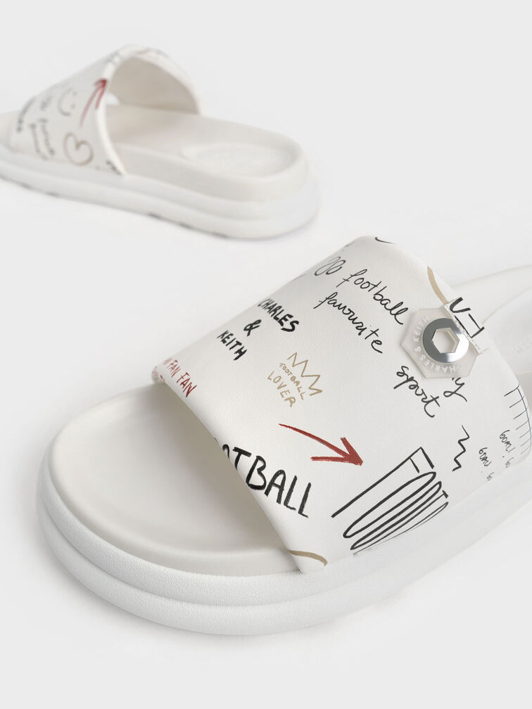 Graffiti Print Flatform Sliders, White, hi-res