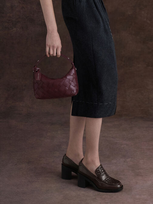 Woven-Detail Penny Loafer Block-Heel Pumps, Dark Brown, hi-res