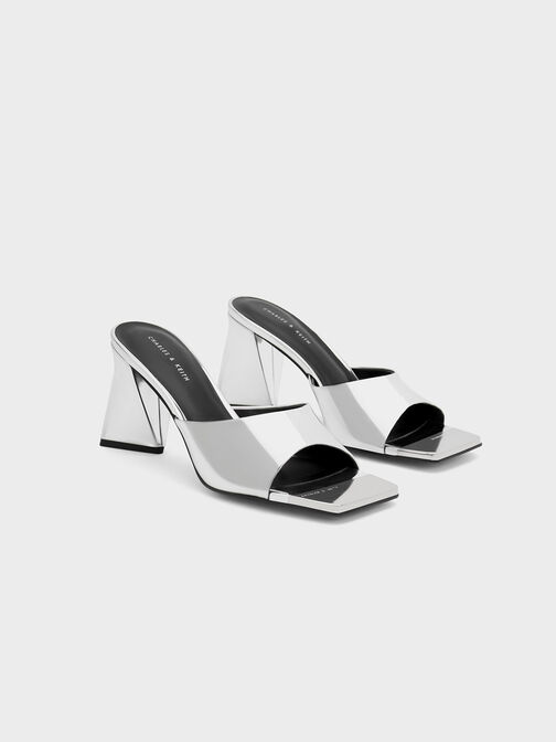 Metallic Cap Sculptural Heel Mules, Silver, hi-res