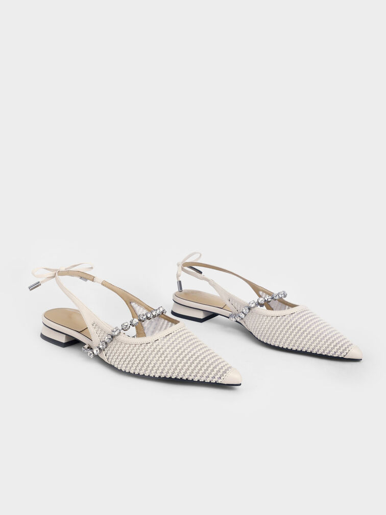 Gem-Strap Knit & Mesh Ballerina Pumps, Chalk, hi-res