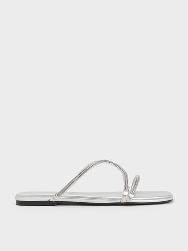 Metallic Braided Strappy Sandals, Silver, hi-res