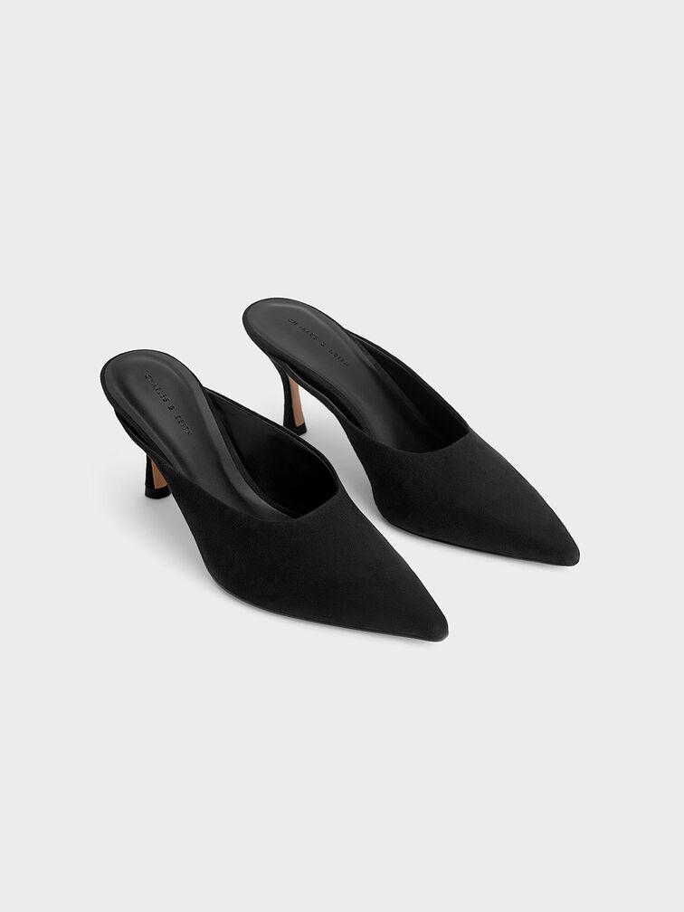 Textured Spool Heel Mules, Black, hi-res