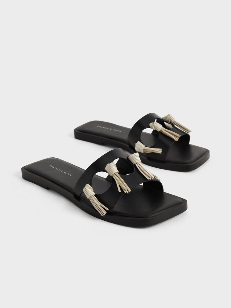 Fringe Detail Slide Sandals, Black, hi-res
