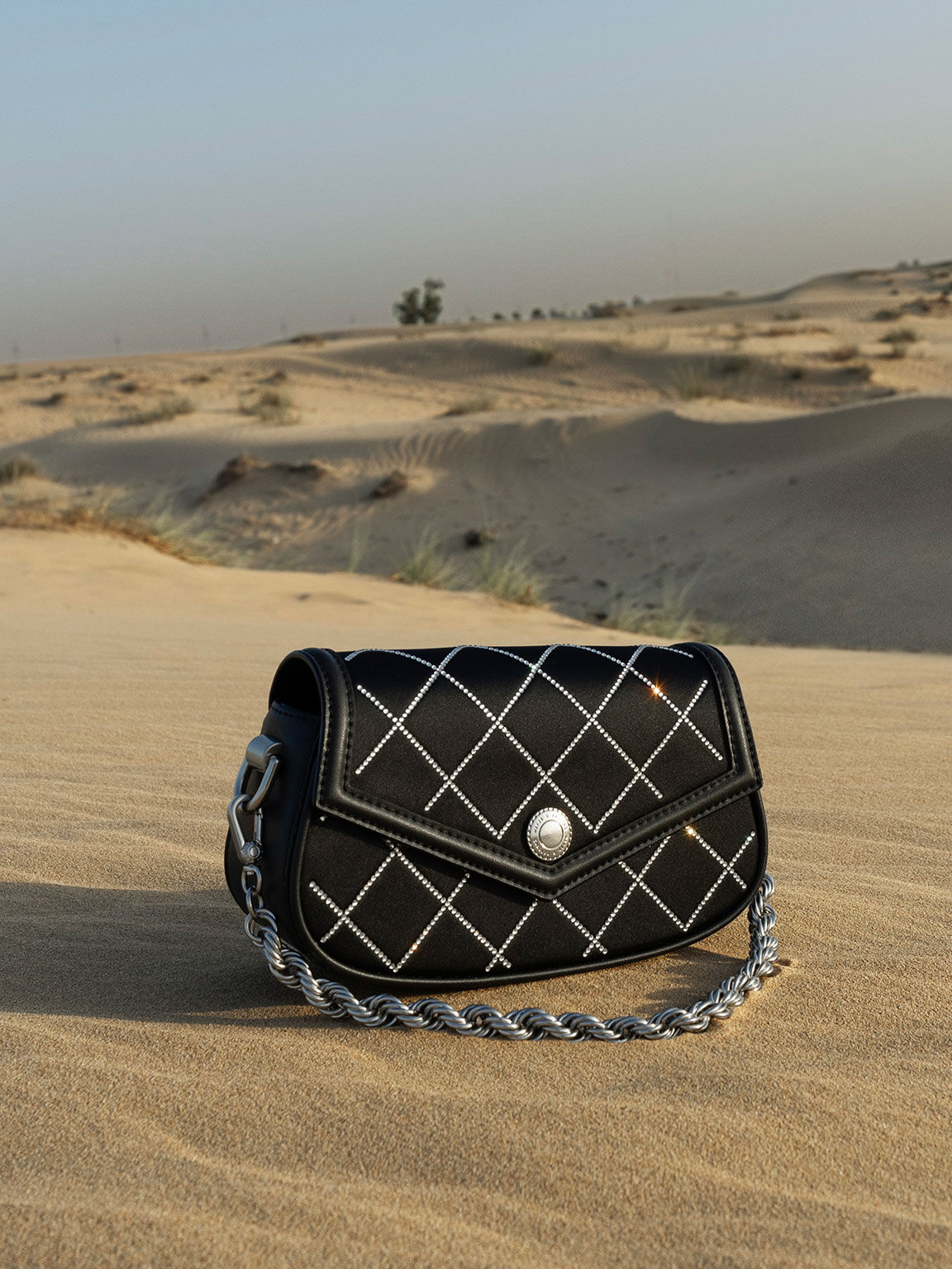 Este Chain Handle Satin Bag, Black, hi-res