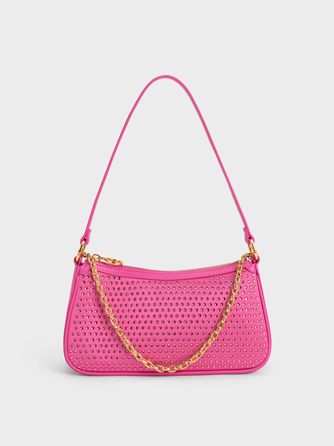 Crystal Embellished Satin Shoulder Bag Fuchsia
