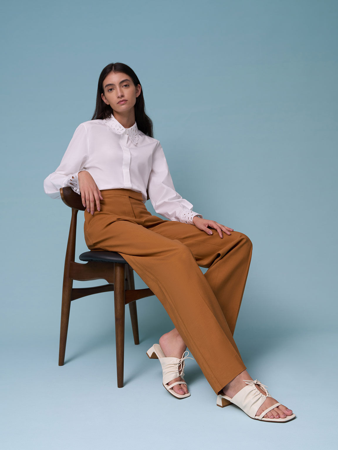 Bow-Tie Ruched Heeled Mules, Cream, hi-res