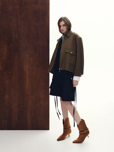 Karter Faux Suede Pointed-Toe Ruched Buckled Kitten-Heel Boots, Cognac, hi-res