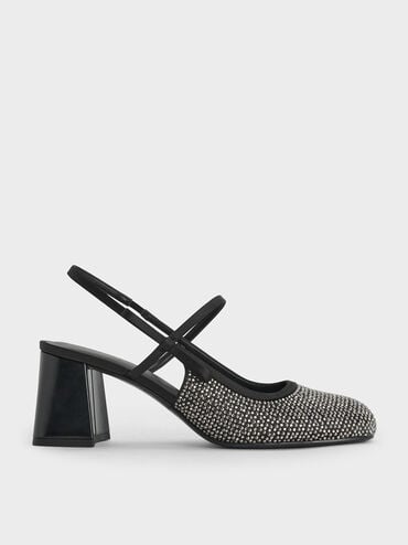 Satin Crystal-Embellished Slingback Mary Jane Pumps, Black Textured, hi-res
