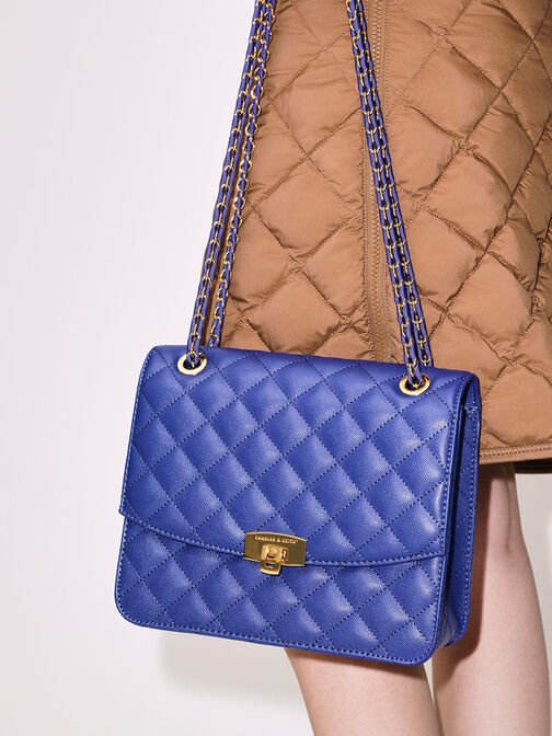 Quilted Chain Strap Clutch, Cobalt, hi-res