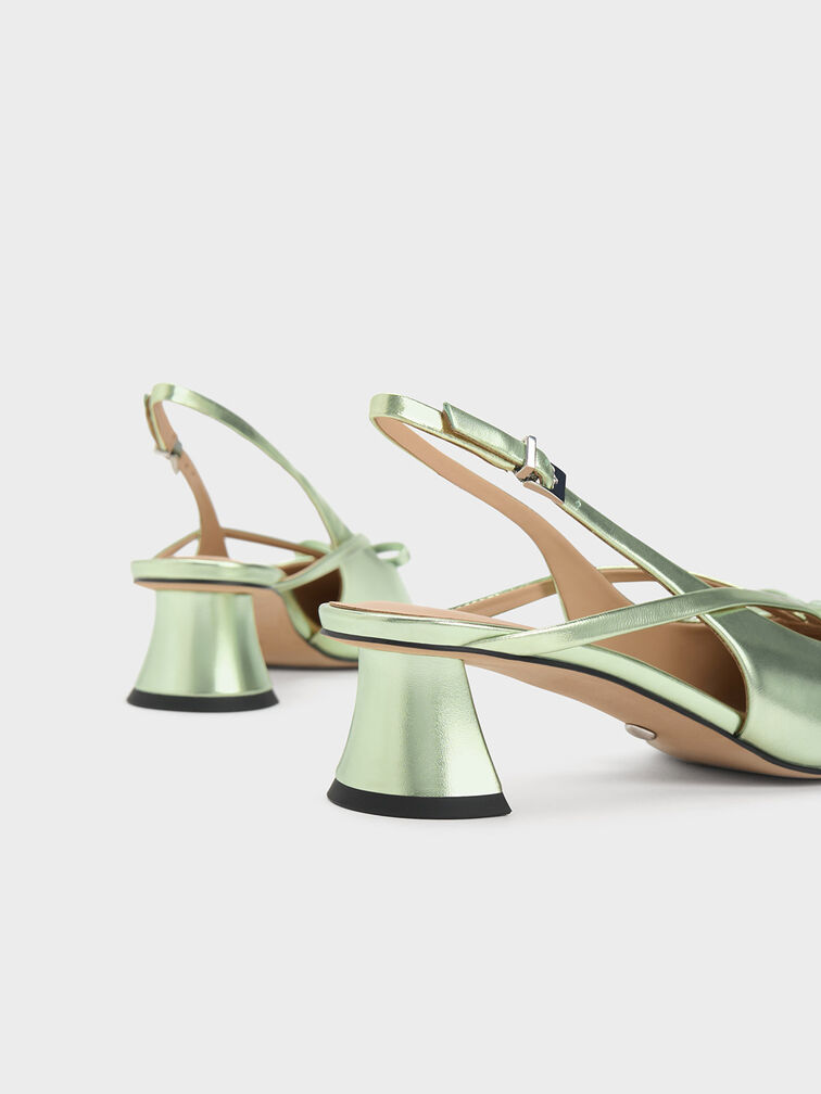 Metallic Leather Bow Strappy Slingback Pumps, Green, hi-res