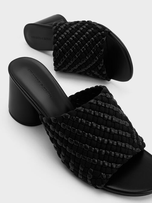 حذاء ميول بكعب عريض منسوج من قماش الكانفاس, أسود, hi-res