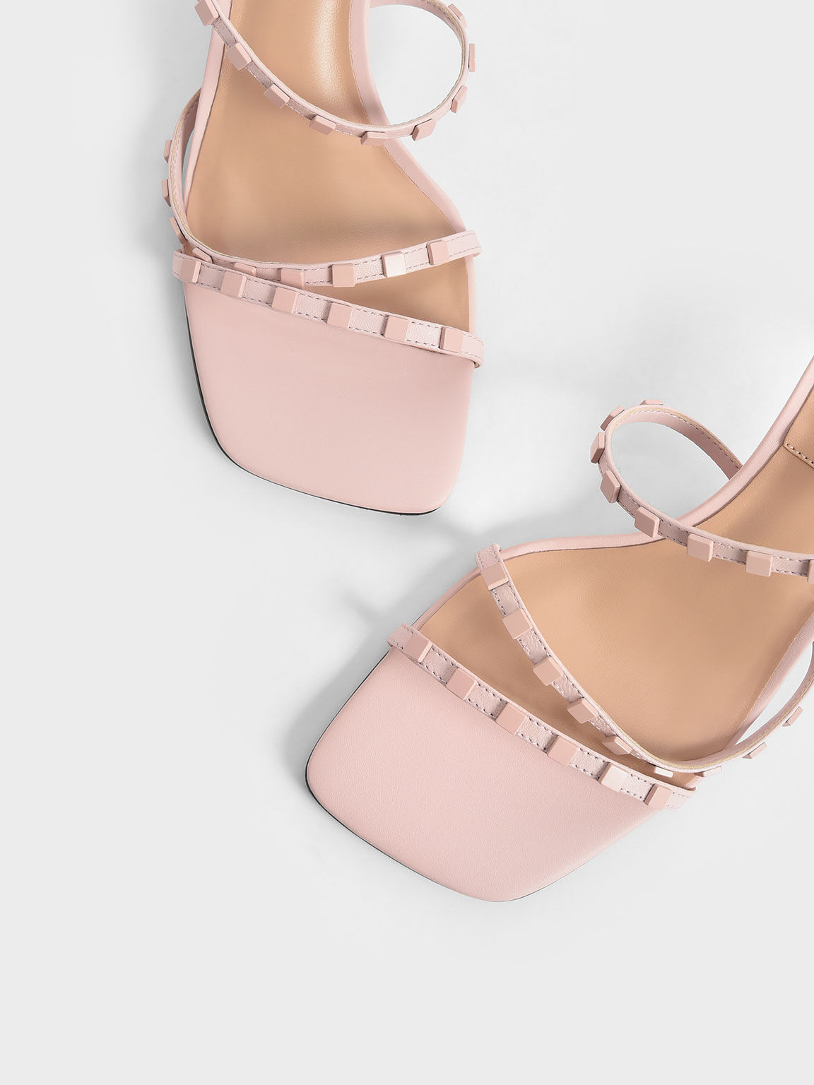 Leather Embellished Sculptural Heel Sandals, Pink, hi-res