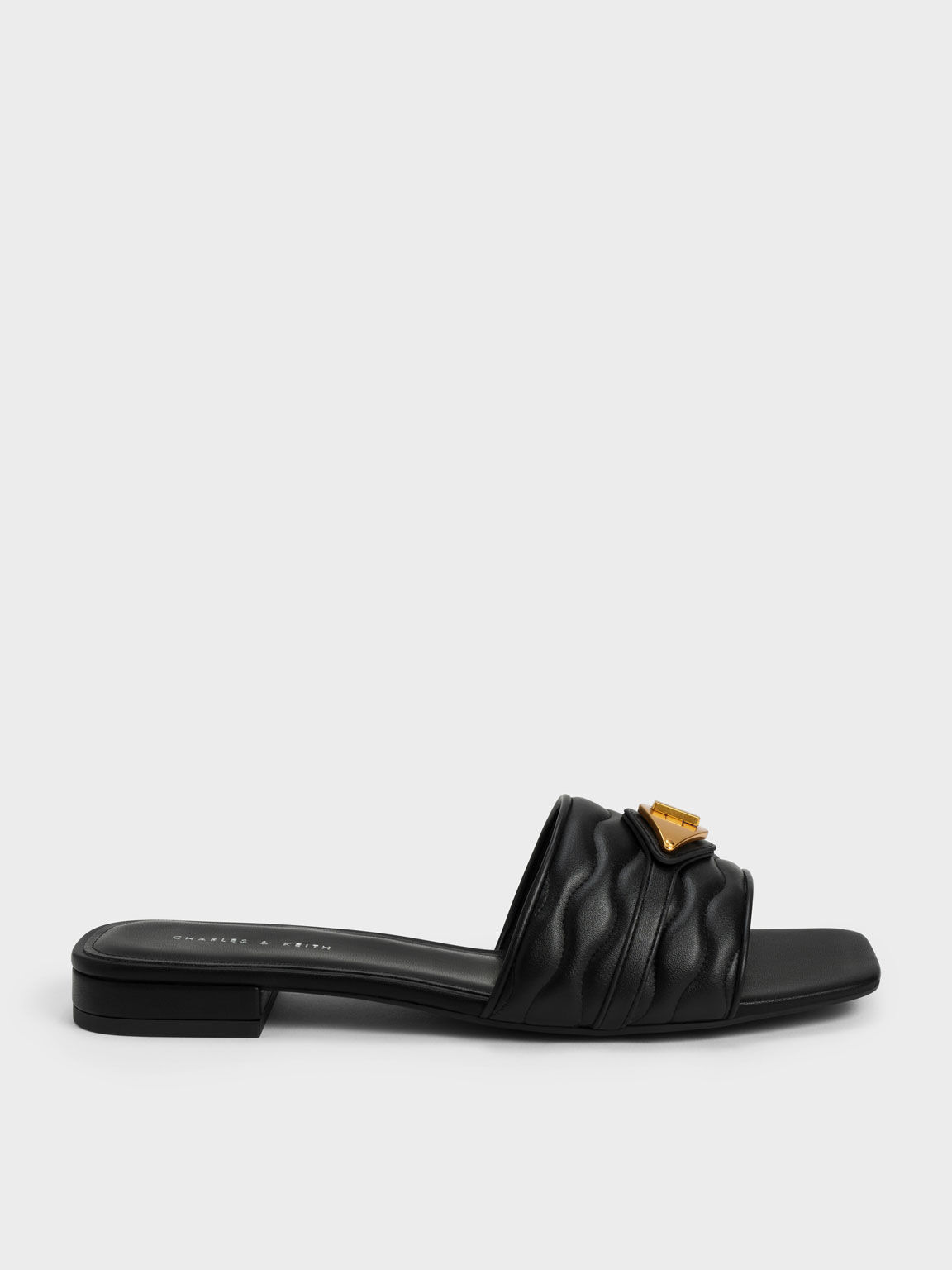 Metallic Buckle Textured Slides, Black, hi-res