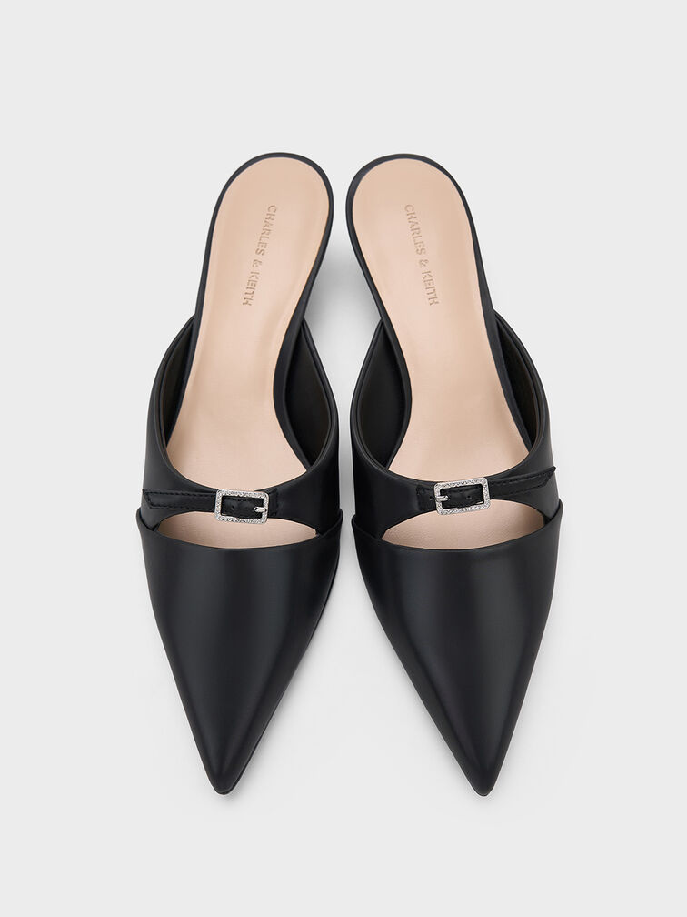 Crystal-Buckle Pointed-Toe Kitten-Heel Mules, Black, hi-res