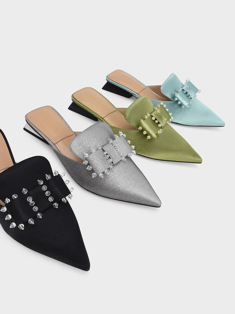 Satin Bead-Embellished Loafer Mules, Green, hi-res