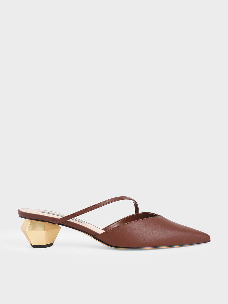 Everly Asymmetric Strap Chrome Heel Mules, Maroon, hi-res