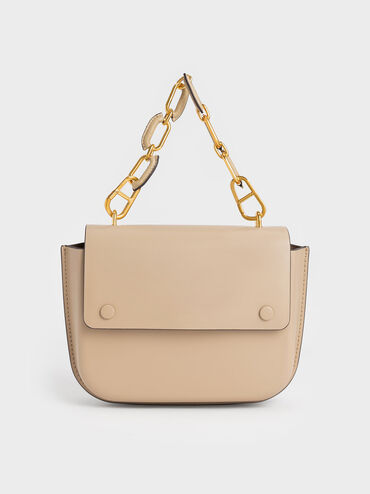 Amber Chain Handle Push-Lock Handbag, Sand, hi-res