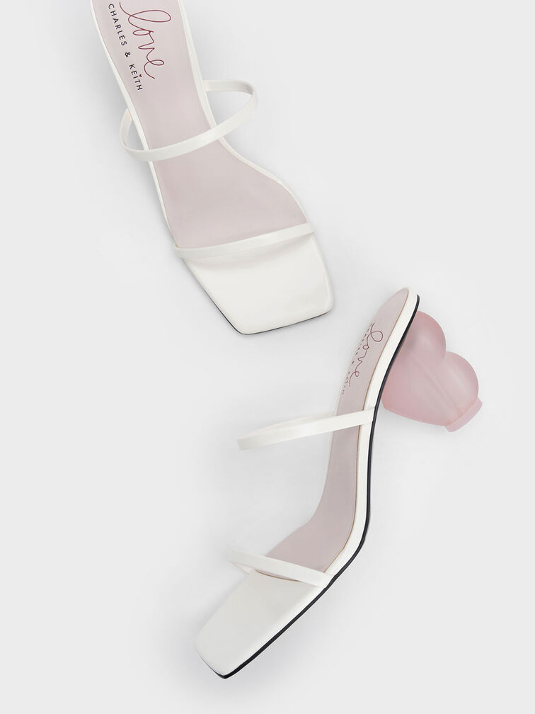 Heart Heel Strappy Sandals, White, hi-res