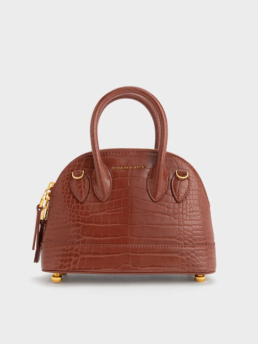 Harmonee Croc-Embossed Bowling Bag, Mocha, hi-res