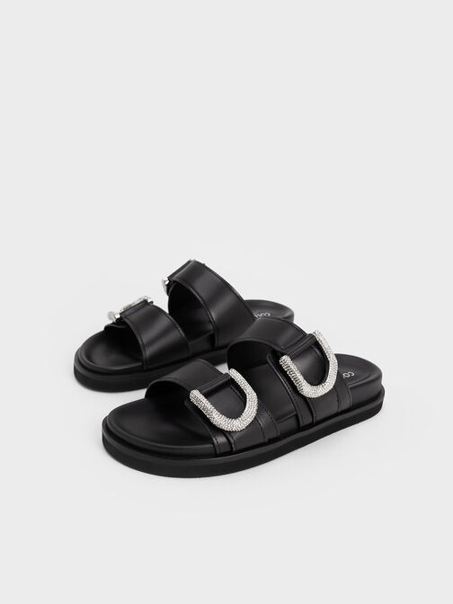 Gem-Embellished Gabine Slides, Black, hi-res