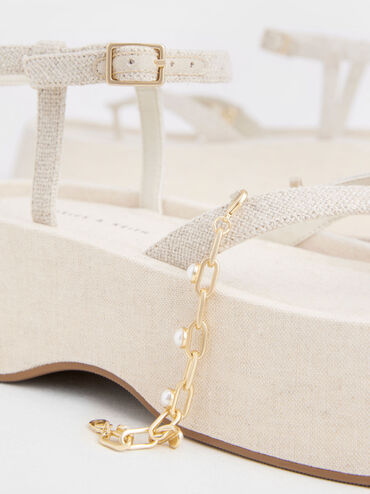 Savannah Chain-Embellished Ankle-Strap Linen Flatforms, Beige, hi-res