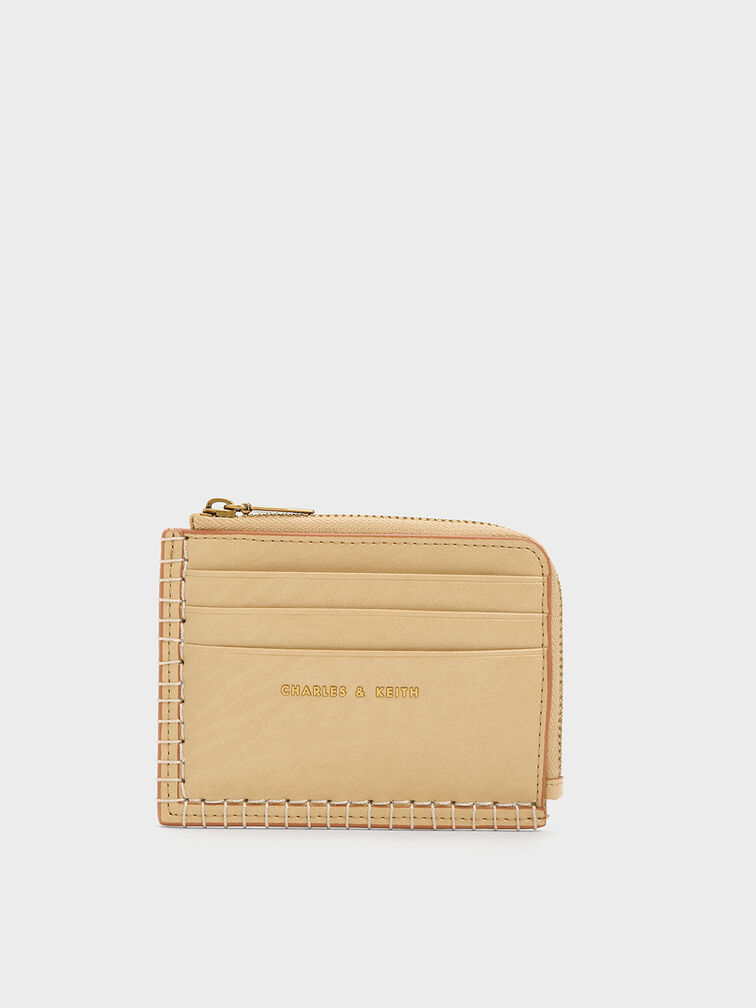 Circe Stitch-Trim Zip Around Card Holder, Beige, hi-res
