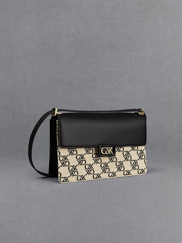 Leather & Canvas Monogram Shoulder Bag, Black, hi-res