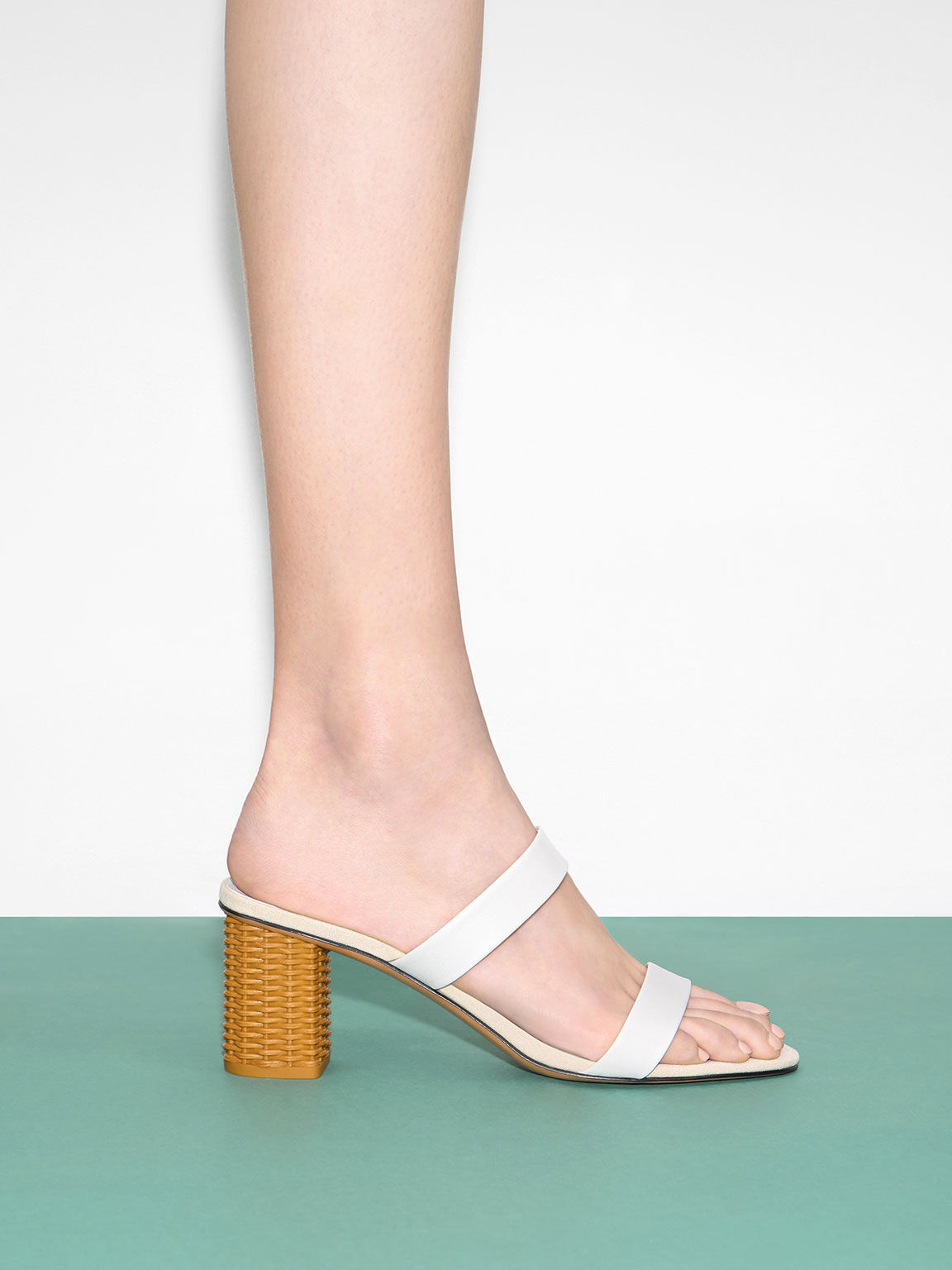 Rattan Block Heel Sandals, White, hi-res