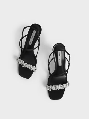 Gem-Embellished Satin Stiletto Sandals, Black, hi-res