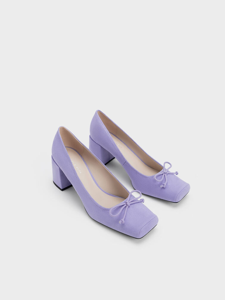 Bow Square-Toe Textured Pumps, Purple, hi-res