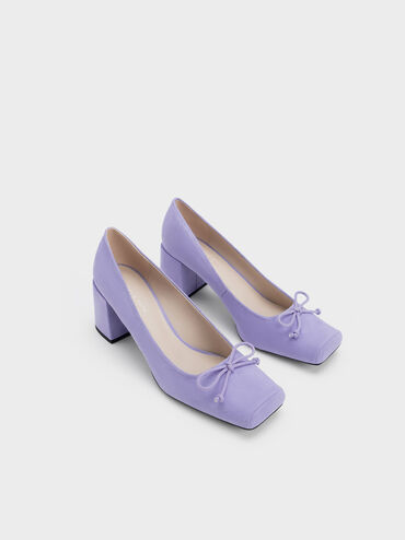 Bow Square-Toe Textured Pumps, Purple, hi-res