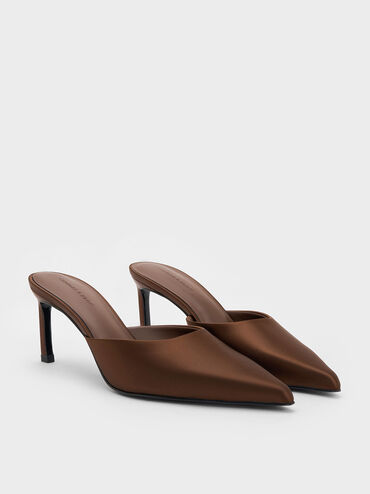 Satin Pointed-Toe Heeled Mules, Dark Brown, hi-res