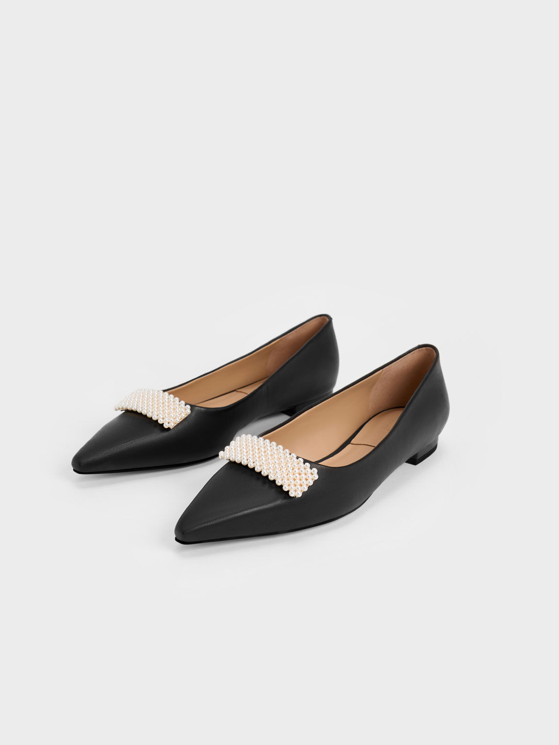 Leather Pointed-Toe Beaded Ballerinas, Black, hi-res