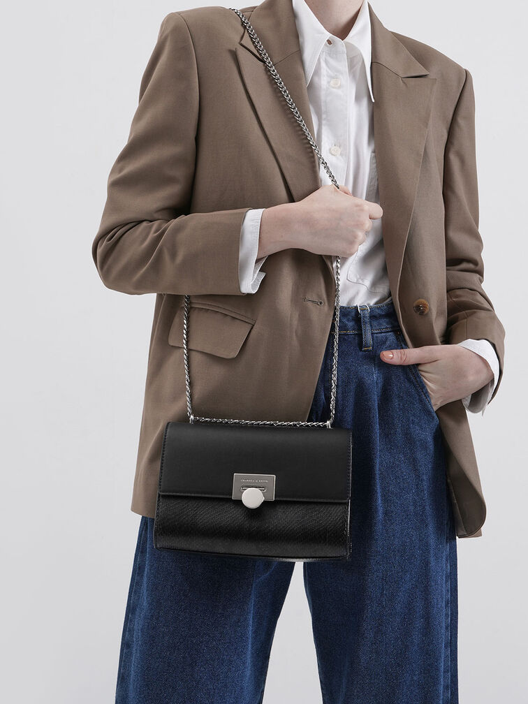 حقيبة يد صغيرة بطبعة جلد الثعبان بسلسلة كتف, أسود, hi-res