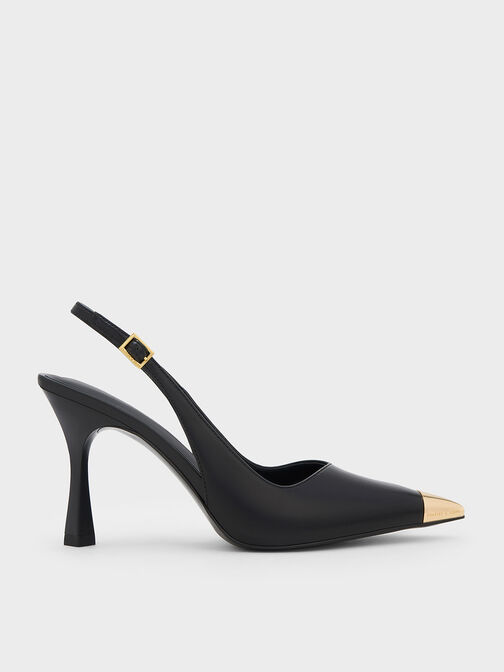 Metallic Cap Pointed-Toe Slingback Pumps, Black, hi-res