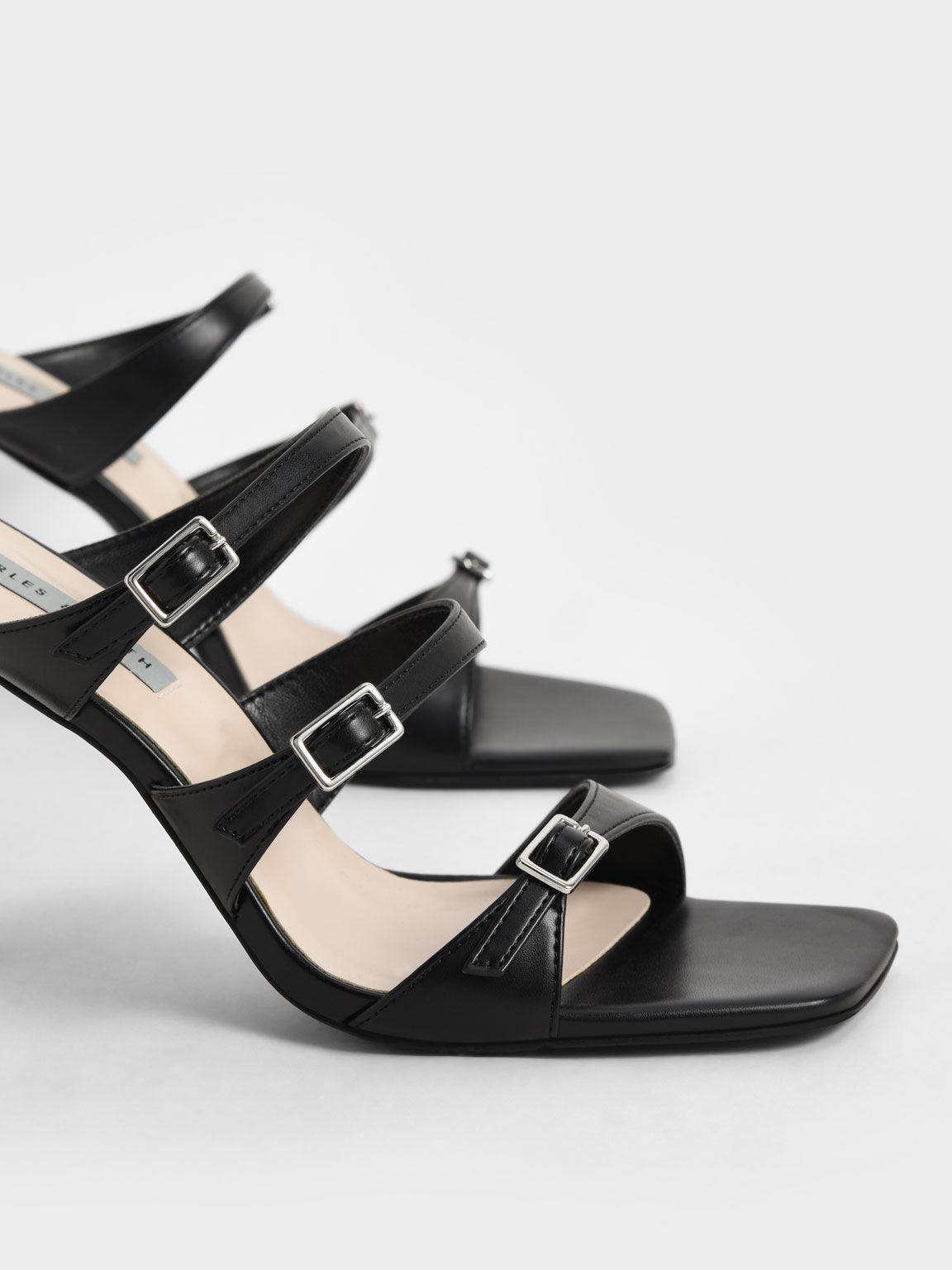 Triple Strap Sculptural Heel Mules, Black, hi-res