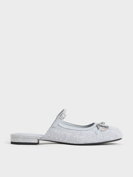 Woven Fabric Metallic-Accent Flat Mules, Light Blue, hi-res
