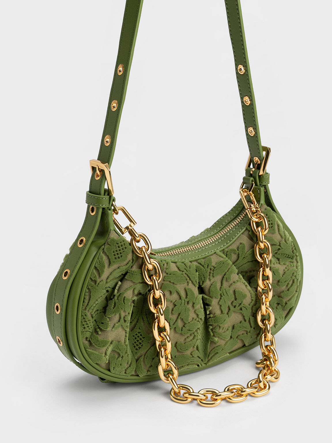 Duo Floral Textured Ruched Shoulder Bag, Pistachio, hi-res