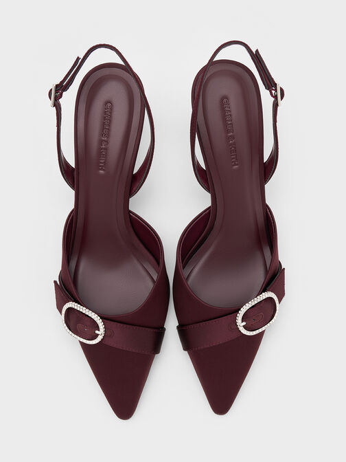 Jannie Recycled Polyester Crystal-Buckle Slingback Pumps, Burgundy, hi-res