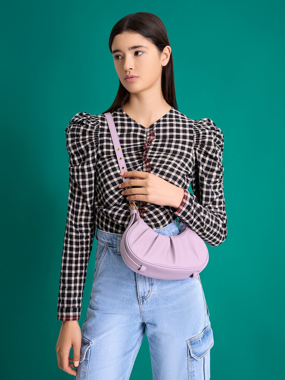 Duo Ruched Shoulder Bag, Lilac, hi-res