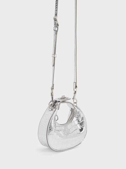 Mini Croc-Effect Metallic Moon Bag, Silver, hi-res