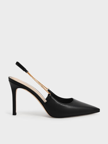 Chain-Link Slingback Stiletto Pumps, Black, hi-res