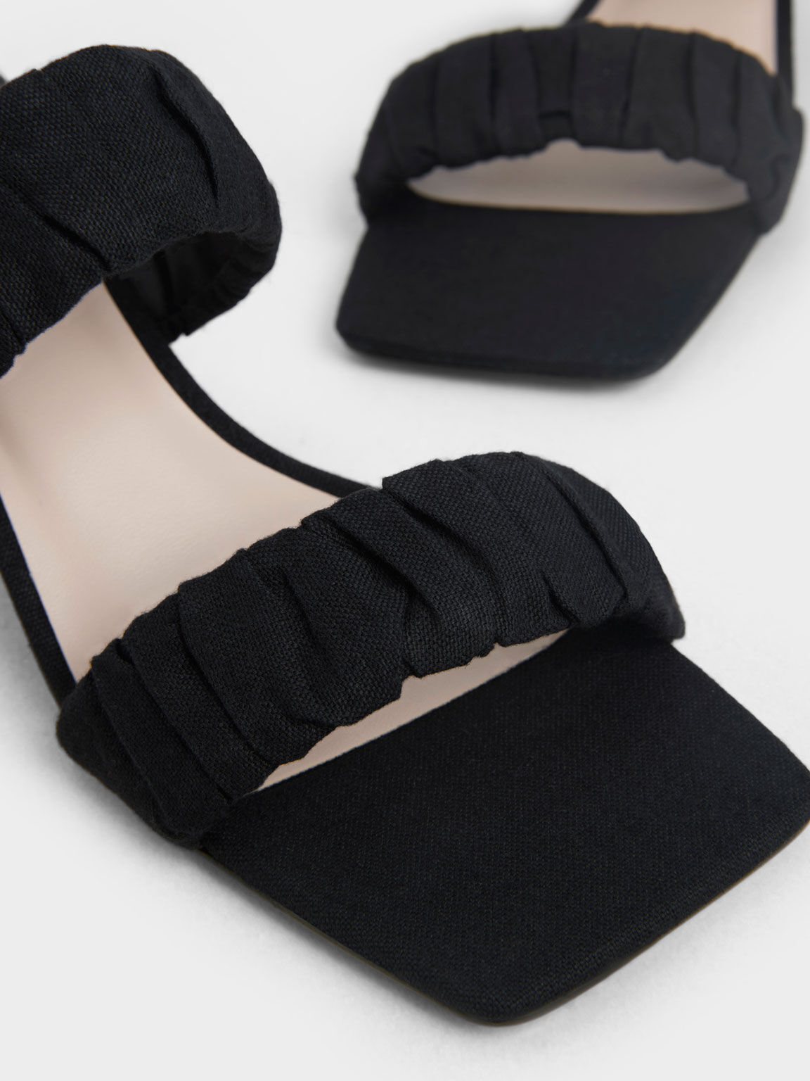 Linen Ruched Heeled Mules, Black, hi-res