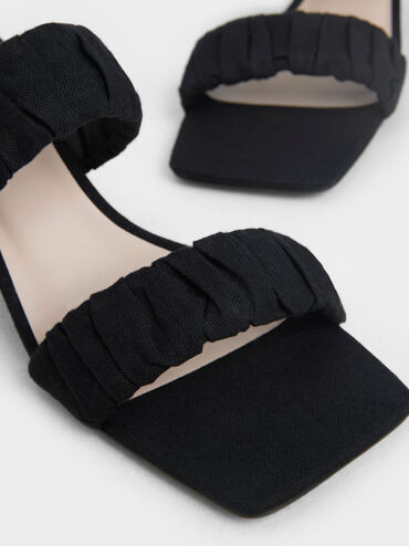 Linen Ruched Heeled Mules, Black, hi-res