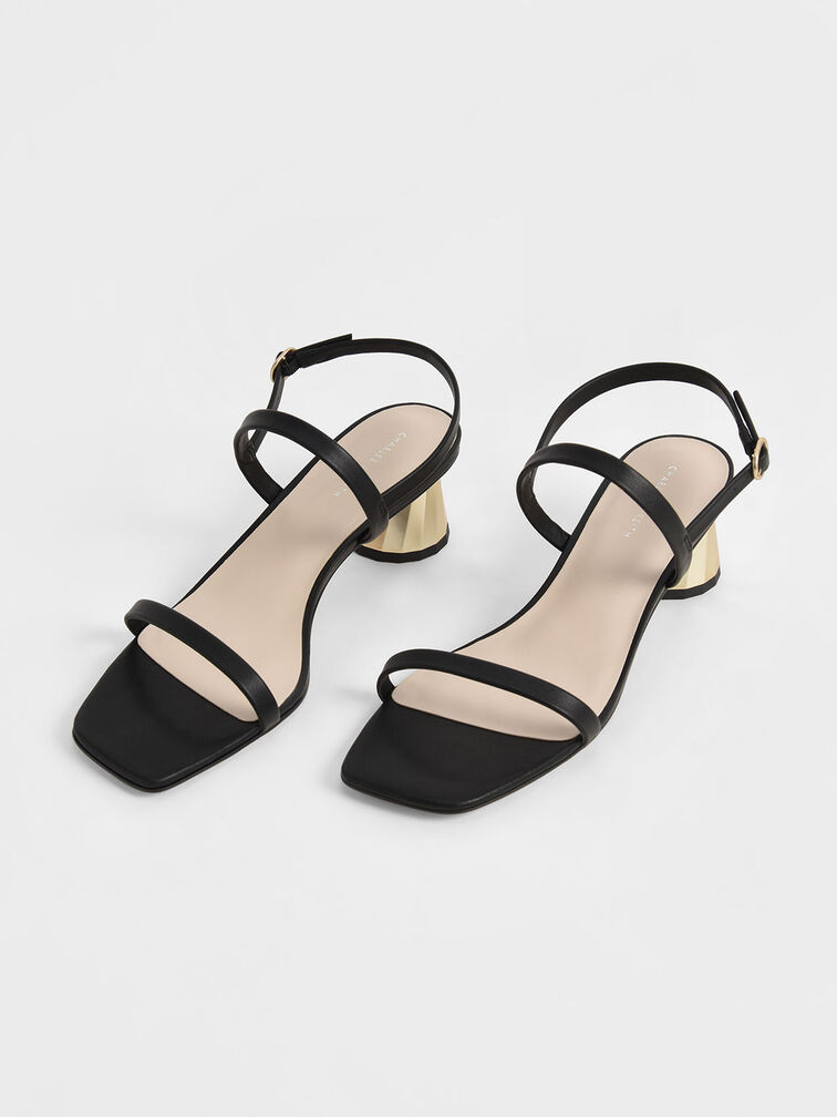 Metallic Cone Heel Slingback Sandals, Black, hi-res