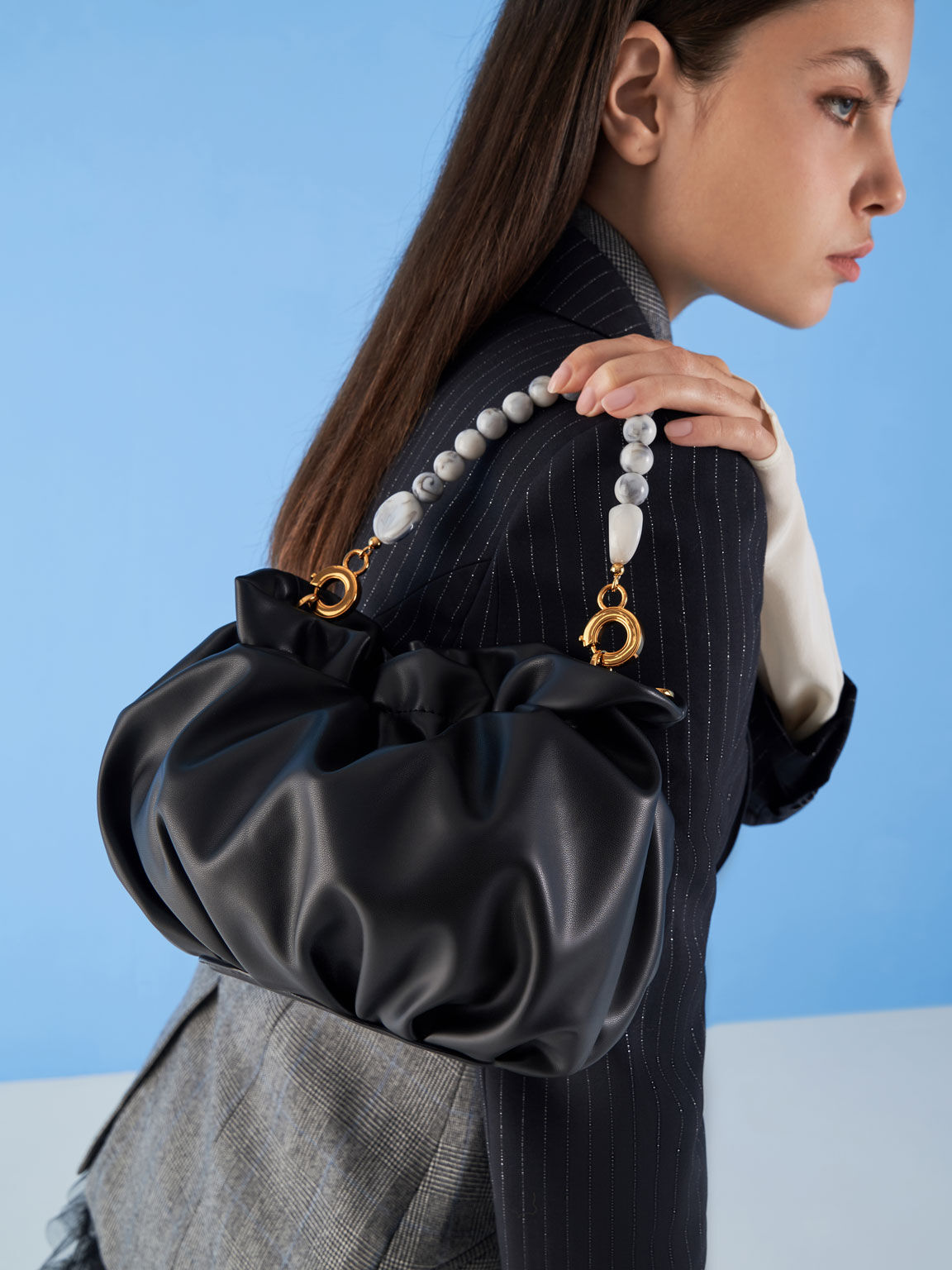 Ruched Bead Embellished Bag Black