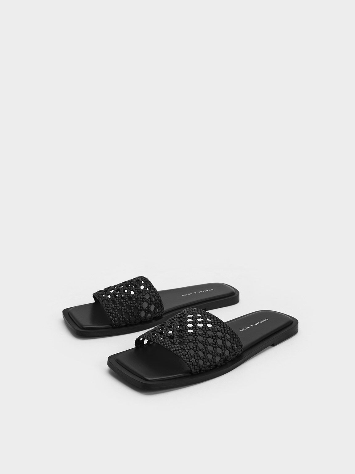Woven Square-Toe Slides, Black, hi-res